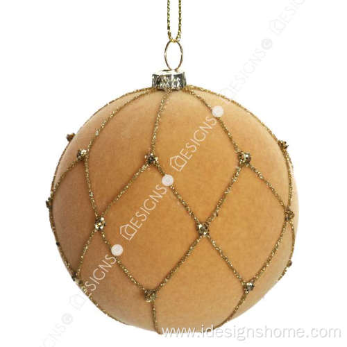 Flocked Ball Hanging Ornament 80mm Diameter Plastic Brown